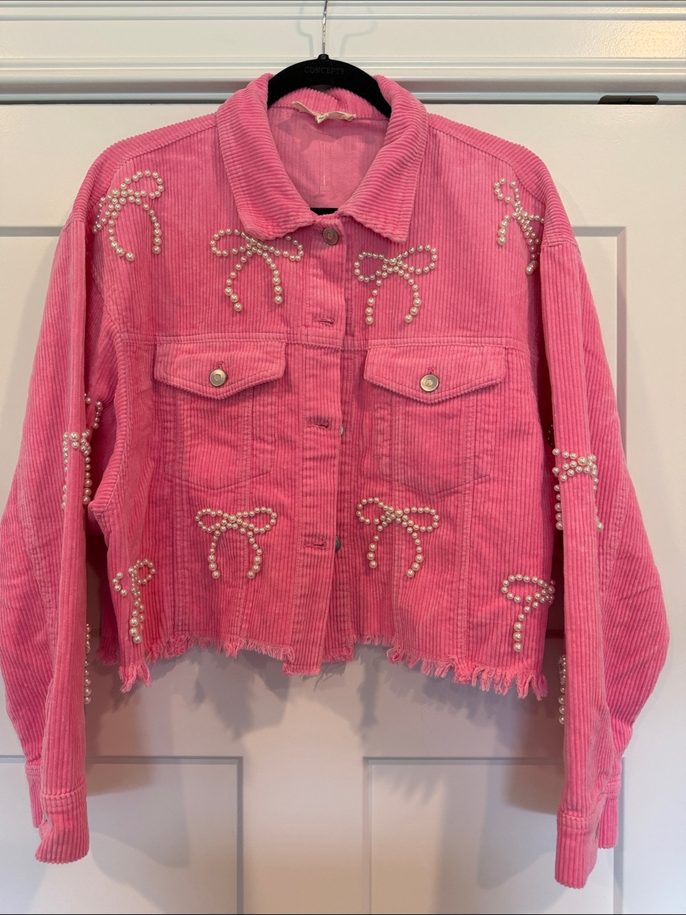 Peach Love California Pink Pearl-Embellished Corduroy Jacket